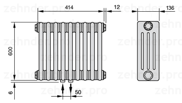 Схема (чертеж) Радиатор Zehnder Charleston 4060/9 №3470 Белый глянцевый RAL 9016